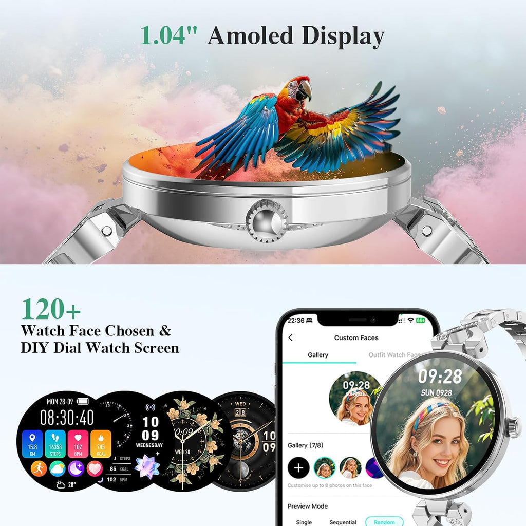 Smart Watches for Women, Answer/Make Call, 1.04'' AMOLED, 24H Sleep Tracker, Fitness Tracker with Heart Rate/Blood Pressure/SpO2/Stress Monitor, 100+ Sport Modes Waterproof Smartwatch for IOS/Android