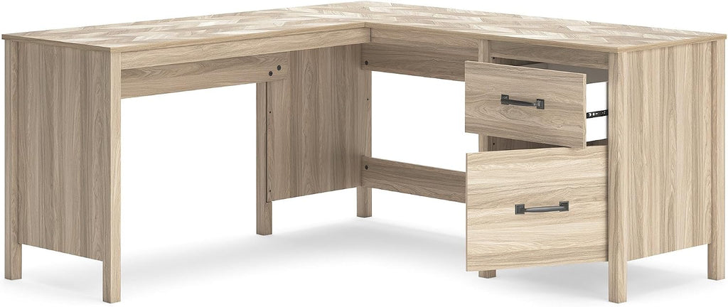 Signature Design by Ashley Battelle Scandinavian 60" Home Office Desk with Return, Drawer and Cabinet, Light Brown