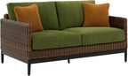 Ashley Horizon Hall Outdoor Loveseat with Cushion, UV-Resistant Nuvella Fabric, Resin Wicker & Aluminum Frame, Ideal for Deck or Lanai Furniture, Brown/Green