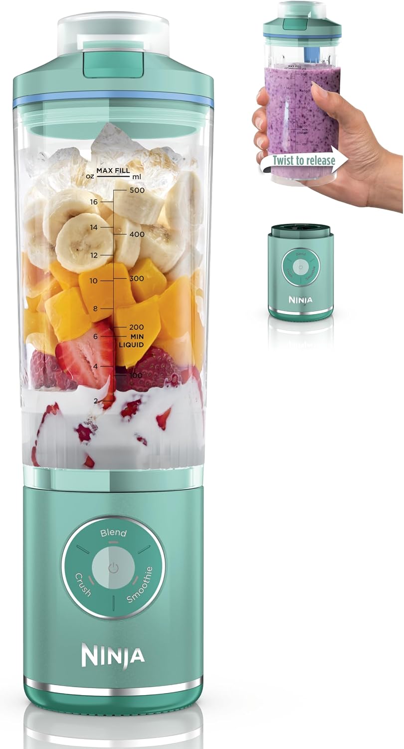 Ninja Blast Max, Portable Blender + Twist & Go, Personal Smoothie, Blend, Ice Crush, 3 Programs, Cordless, 22oz removable Vessel, Dishwasher Safe, Leakproof, Sea Glass/Blue, BC251BL1