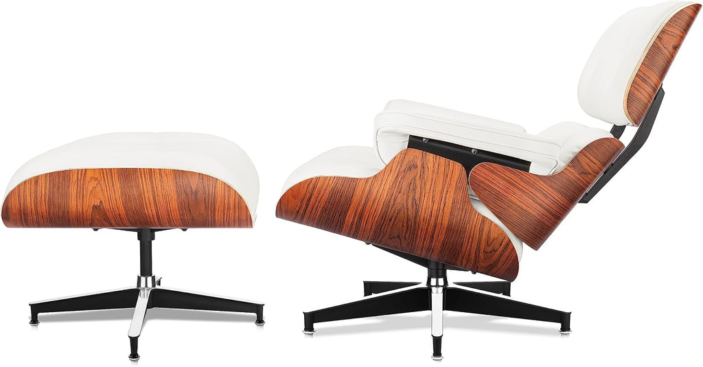 Luxury Top Black Grain Leather Mid Century Chaise Lounge Chair with Ottoman, Premium Handcrafted Walnut Wood, Ergonomic Modern Accent Chair for Living Room Office