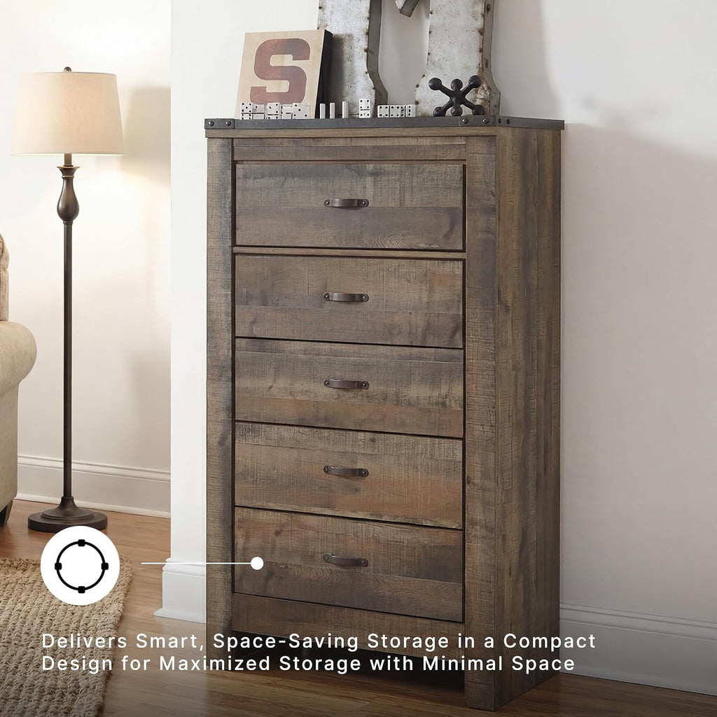 Signature Design by Ashley Trinell Rustic 5 Drawer Chest of Drawers with Nailhead Trim, Warm Brown