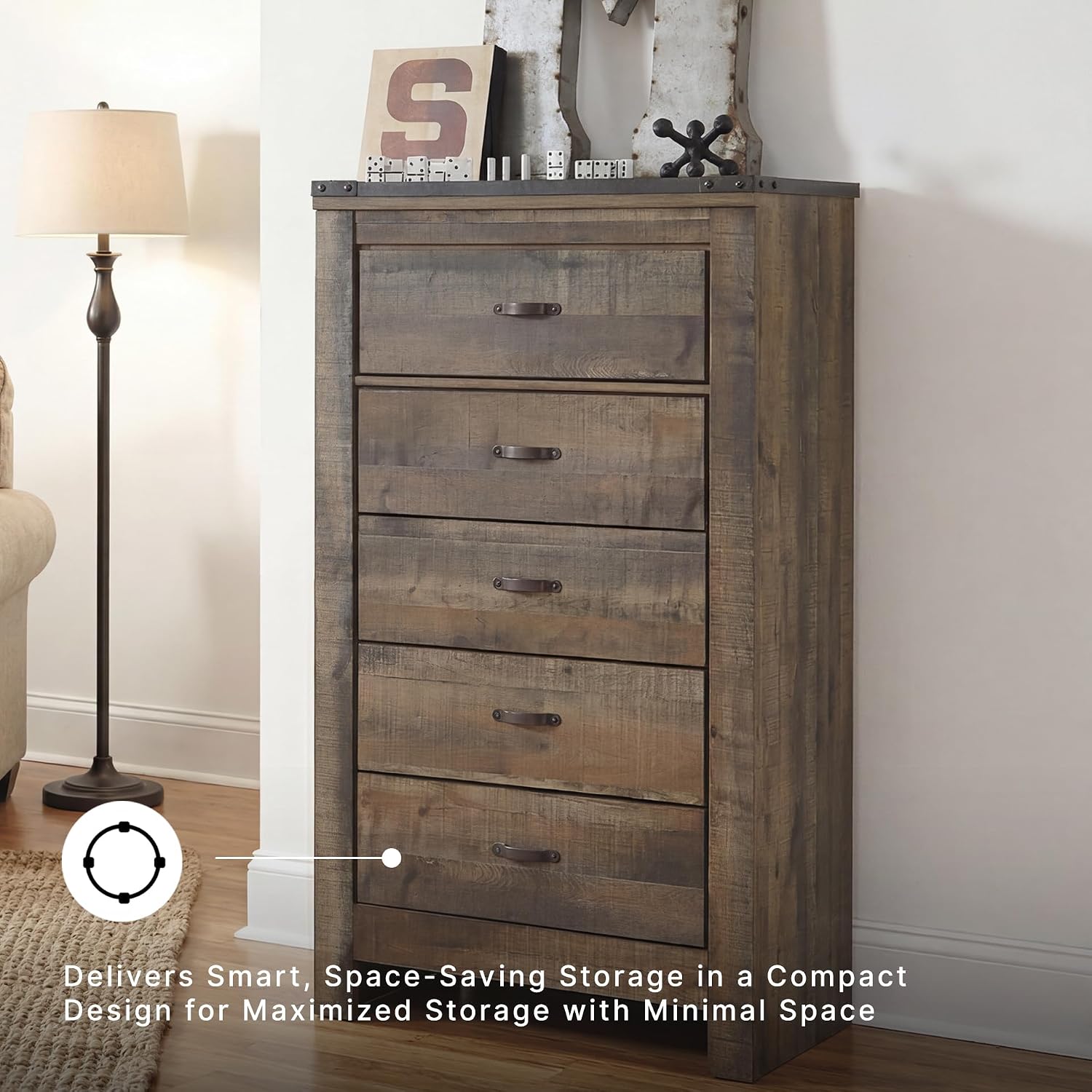 Signature Design by Ashley Trinell Rustic 5 Drawer Chest of Drawers with Nailhead Trim, Warm Brown