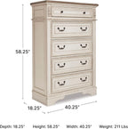 Signature Design by Ashley Realyn French Country 5 Drawer Chest, Tipover Restraint Device, 2-tone Finish, Wood, 40.13" W x 18.13" D x 58.13" H, Chipped White