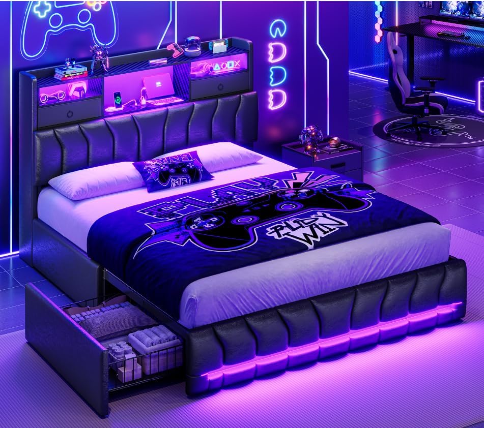 DICTAC Twin Bed Frames with Storage Headboard and 2 Large Drawers, Gaming Bed with RGB Lights and Charging Station, Leather Upholstered Platform Bed, Esports-Style Bed, No Box Spring Needed, Black