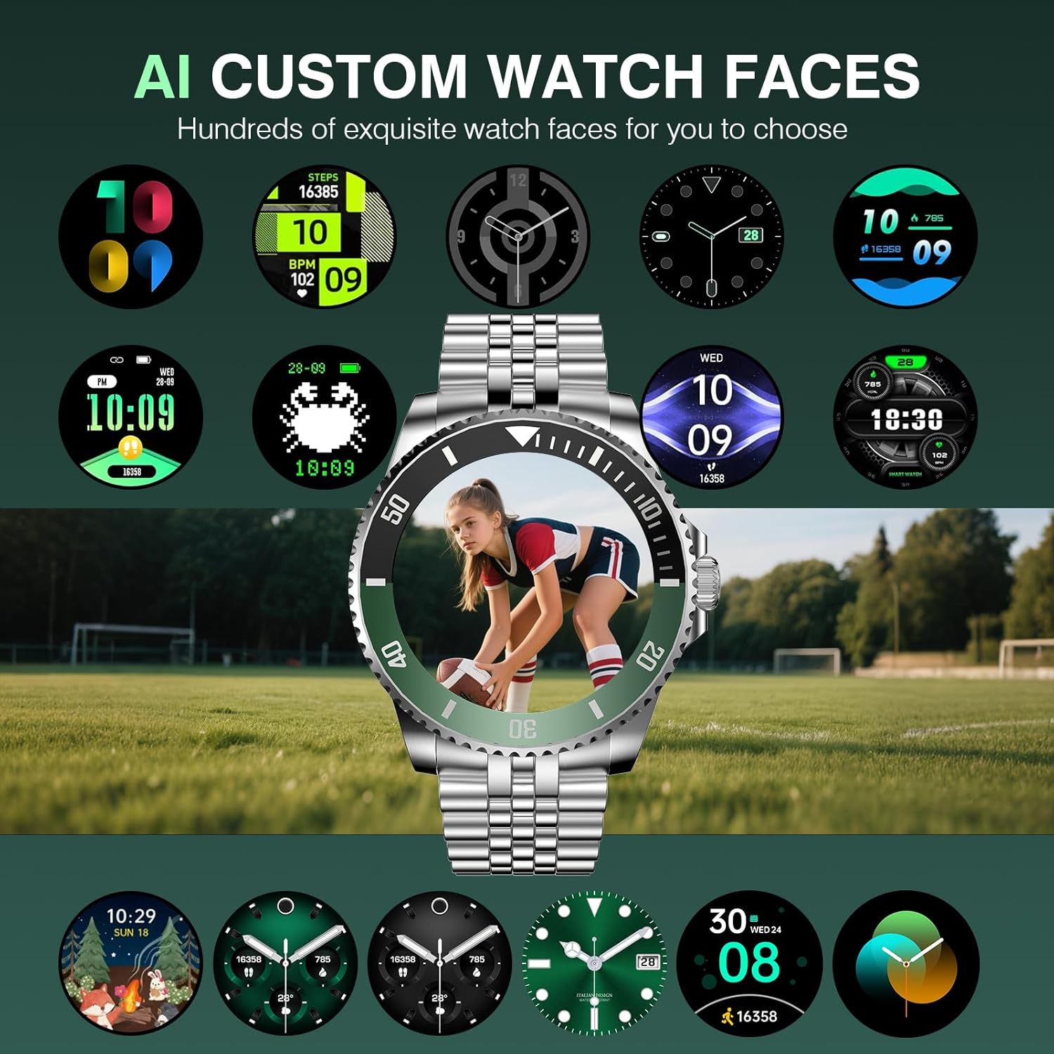 SOUYIE GPT AI Smart Watch for Men, Bluetooth Call Heart Rate Blood Pressure Blood Oxygen Sleep Monitor, 107 Sports Modes 1.19" AMOLED Display Waterproof Fitness Tracker Android iOS, 44mm Silver Green