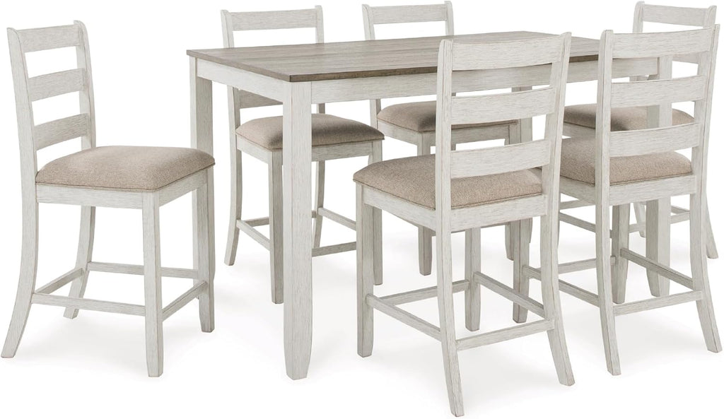 Signature Design by Ashley Skempton 7-Piece Counter Height Dining Table Set for 6, Solid Wood Frames and Acacia Veneer, Cushioned Bar Stools, White and Light Brown