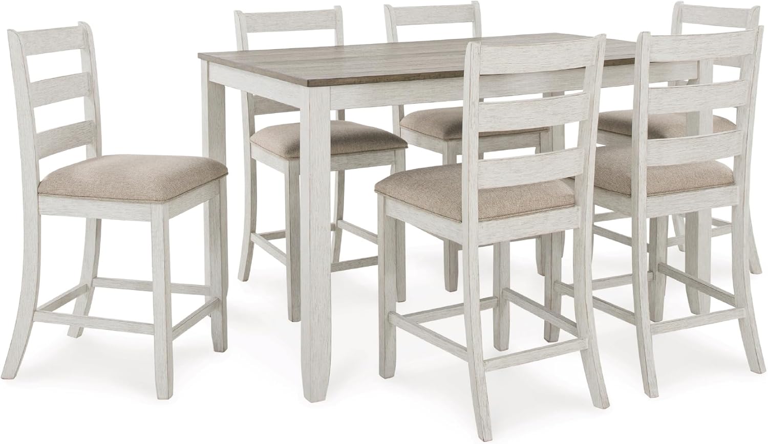 Signature Design by Ashley Skempton 7-Piece Counter Height Dining Table Set for 6, Solid Wood Frames and Acacia Veneer, Cushioned Bar Stools, White and Light Brown