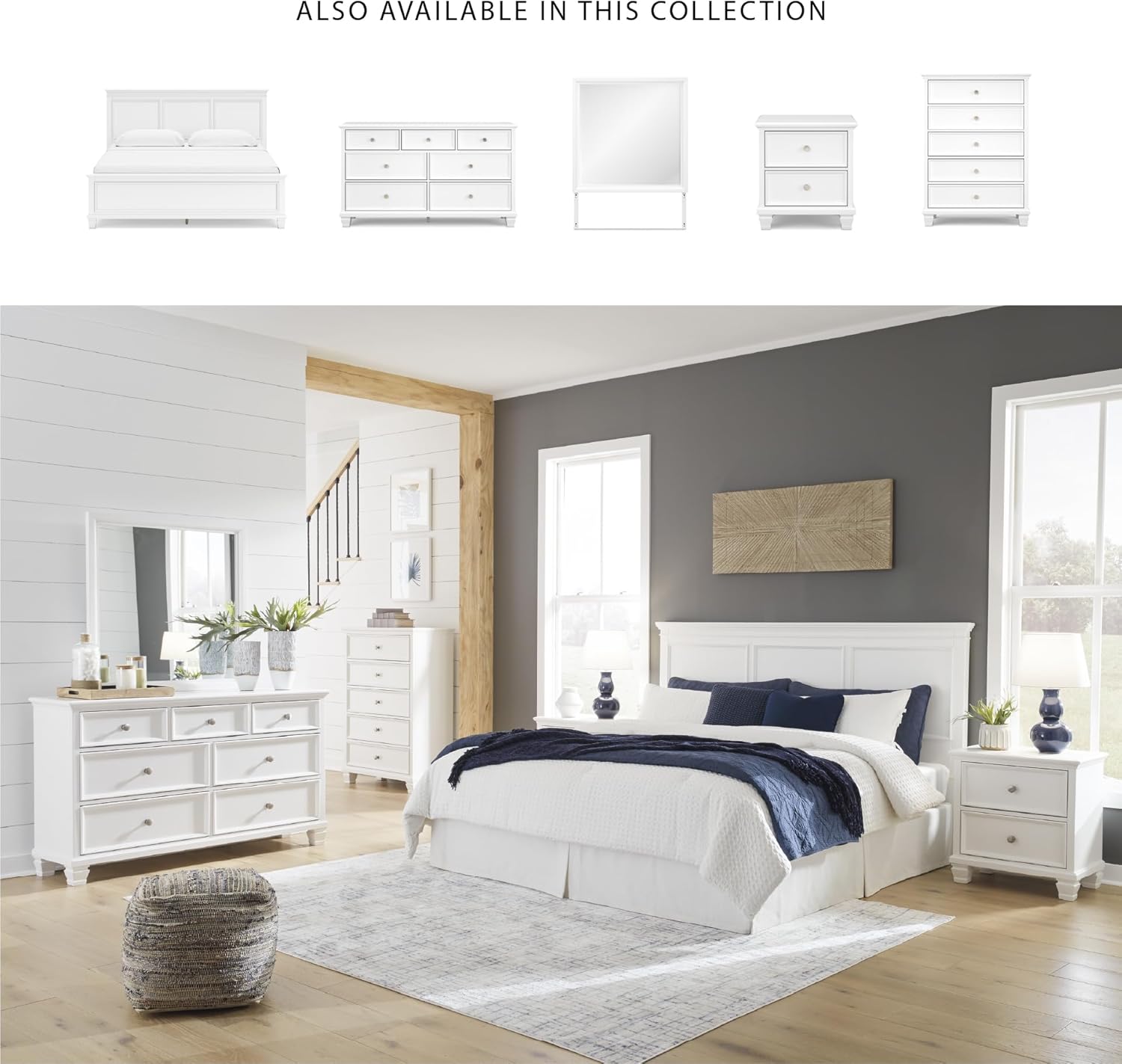 Signature Design by Ashley Fortman Transitional California King Panel Bed with Tapered Feet, Foundation or Box Spring Needed, White