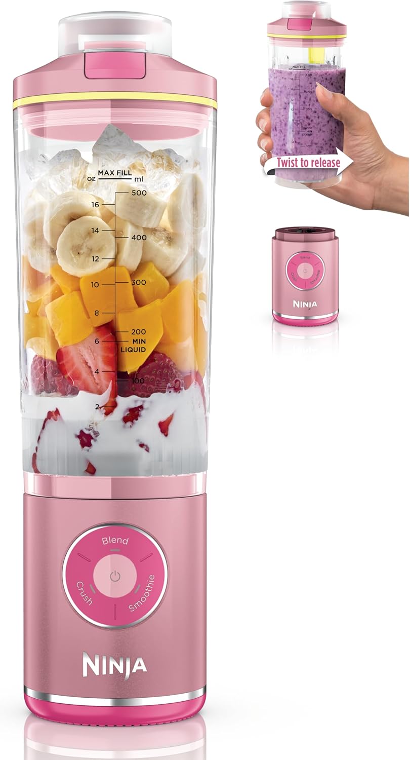 Ninja Blast Max, Portable Blender + Twist & Go, Personal Smoothie, Blend, Ice Crush, 3 Programs, Cordless, 22oz removable Vessel, Dishwasher Safe, Leakproof, Pink Lemon, BC251PK1
