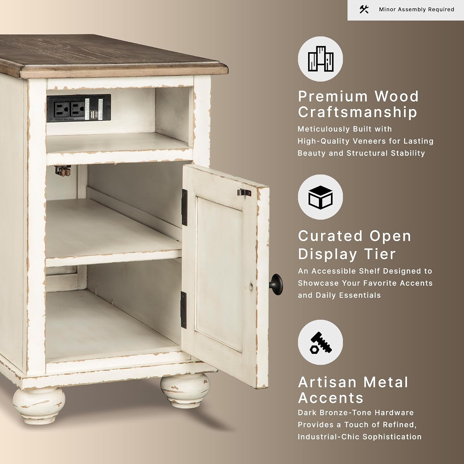Signature Design by Ashley Realyn Narrow End Table with Charging Station, Chairside End Table, Wood, Engineered Wood and Veneers, Living Room Furniture, Antiqued White and Brown, 14" W
