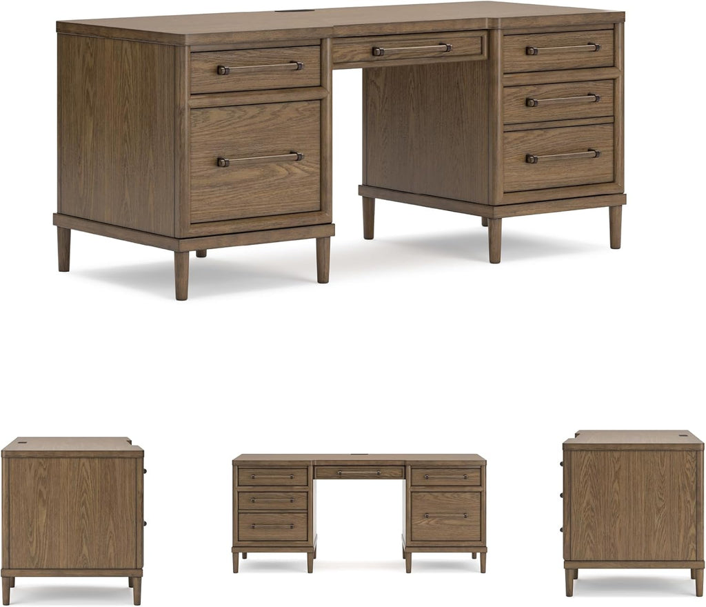 Signature Design by Ashley Roanhowe Contemporary 68" Home Office Desk with 6 Felt-Lined Drawers, USB Charging Ports and Cord Management, Dark Brown
