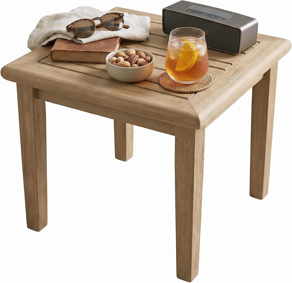Signature Design by Ashley Gerianne Outdoor Square End Table with Slatting Styling and 5-Step Finishing Process, Eucalyptus Wood Frame, 22" High, Grayish Brown