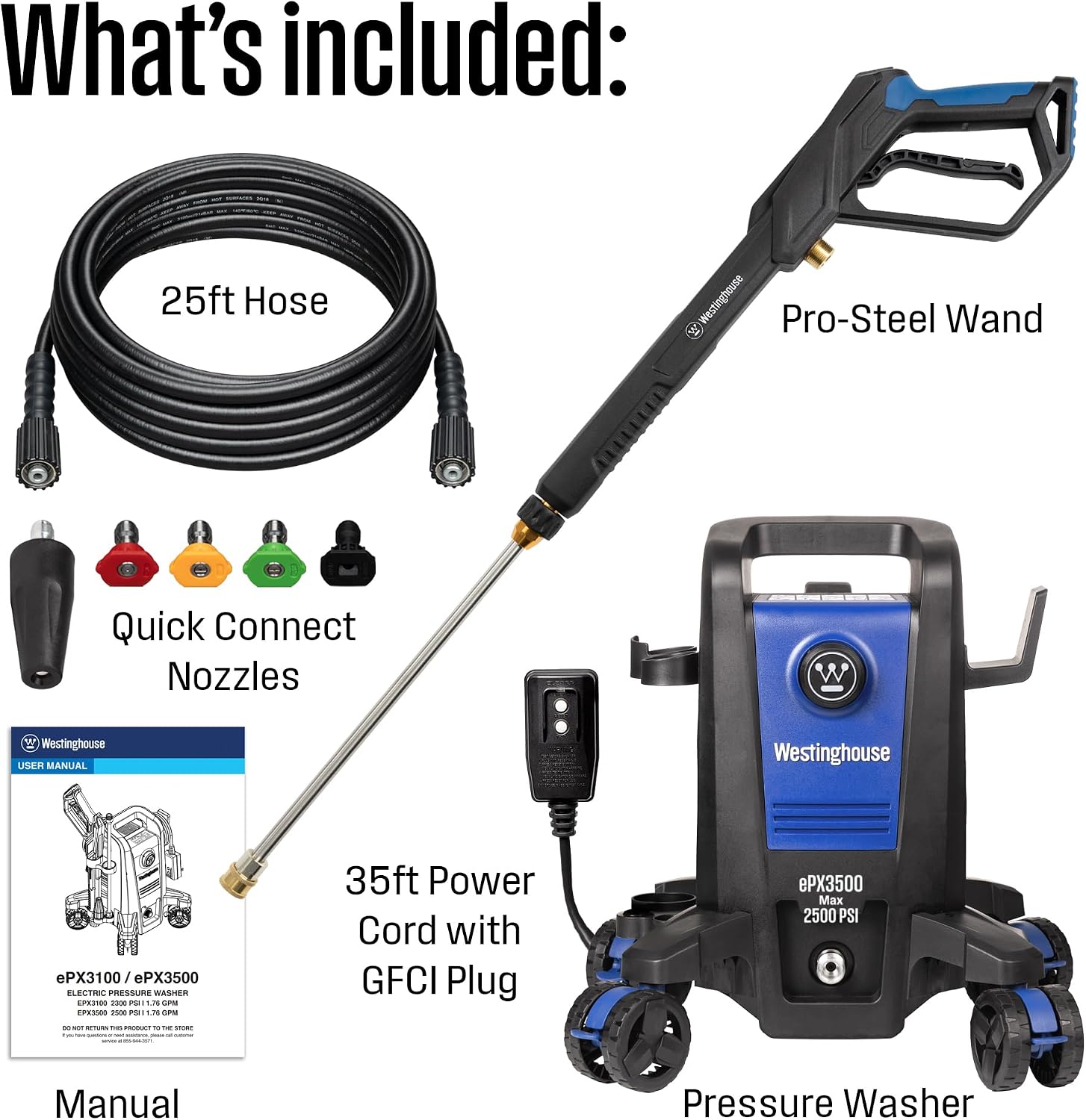 Westinghouse ePX3500 Electric Pressure Washer, 2500 Max PSI 1.76 Max GPM with Anti-Tipping Technology, Onboard Soap Tank, Pro-Style Steel Wand, 5-Nozzle Set, for Cars/Fences/Driveways/Home/Patios