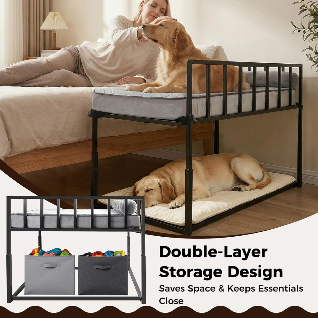Bedside Dog Bed, Height Adjustable Elevated Co-Sleeper for Medium Large Dogs, Fits Low to High Beds (28-37in), Heavy-Duty Metal Bunk Bed Frame with Safety Side Rails & Washable Cushion
