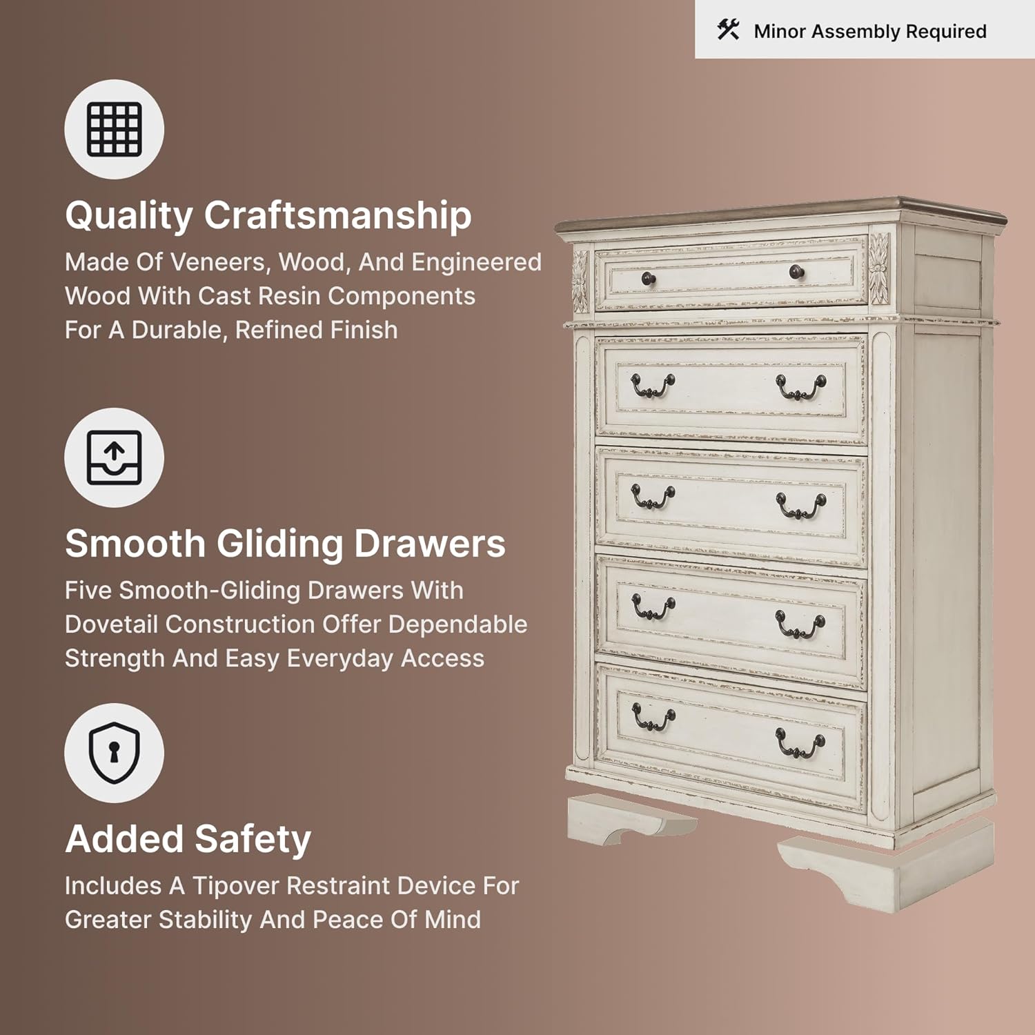 Signature Design by Ashley Realyn French Country 5 Drawer Chest, Tipover Restraint Device, 2-tone Finish, Wood, 40.13" W x 18.13" D x 58.13" H, Chipped White