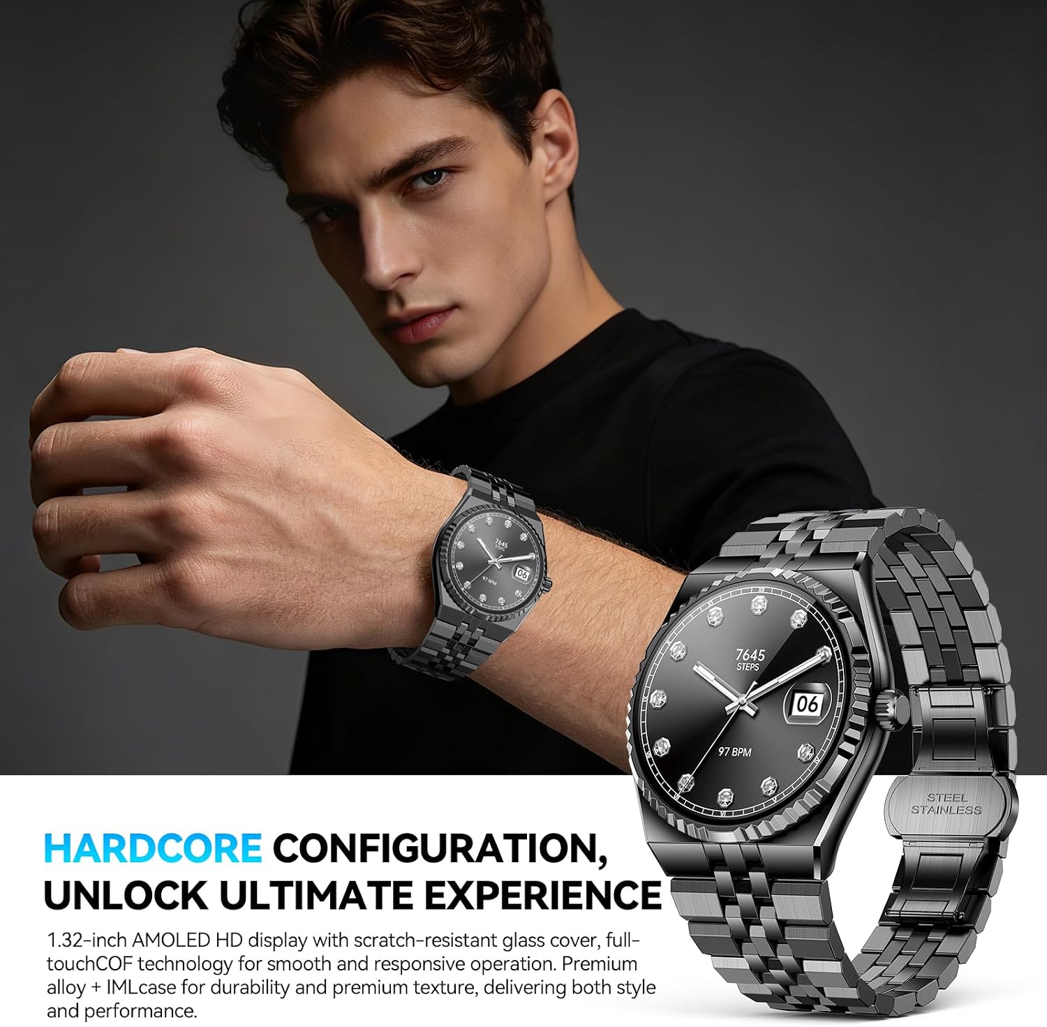 Luxury Smart Watch with Bluetooth Calls, Heart Rate/Blood Pressure/Blood Oxygen/Sleep Monitor, 1.32" AMOLED Display, 160+ Sports Modes, IP68 Waterproof, Compatible with iOS Android for Men Women Black