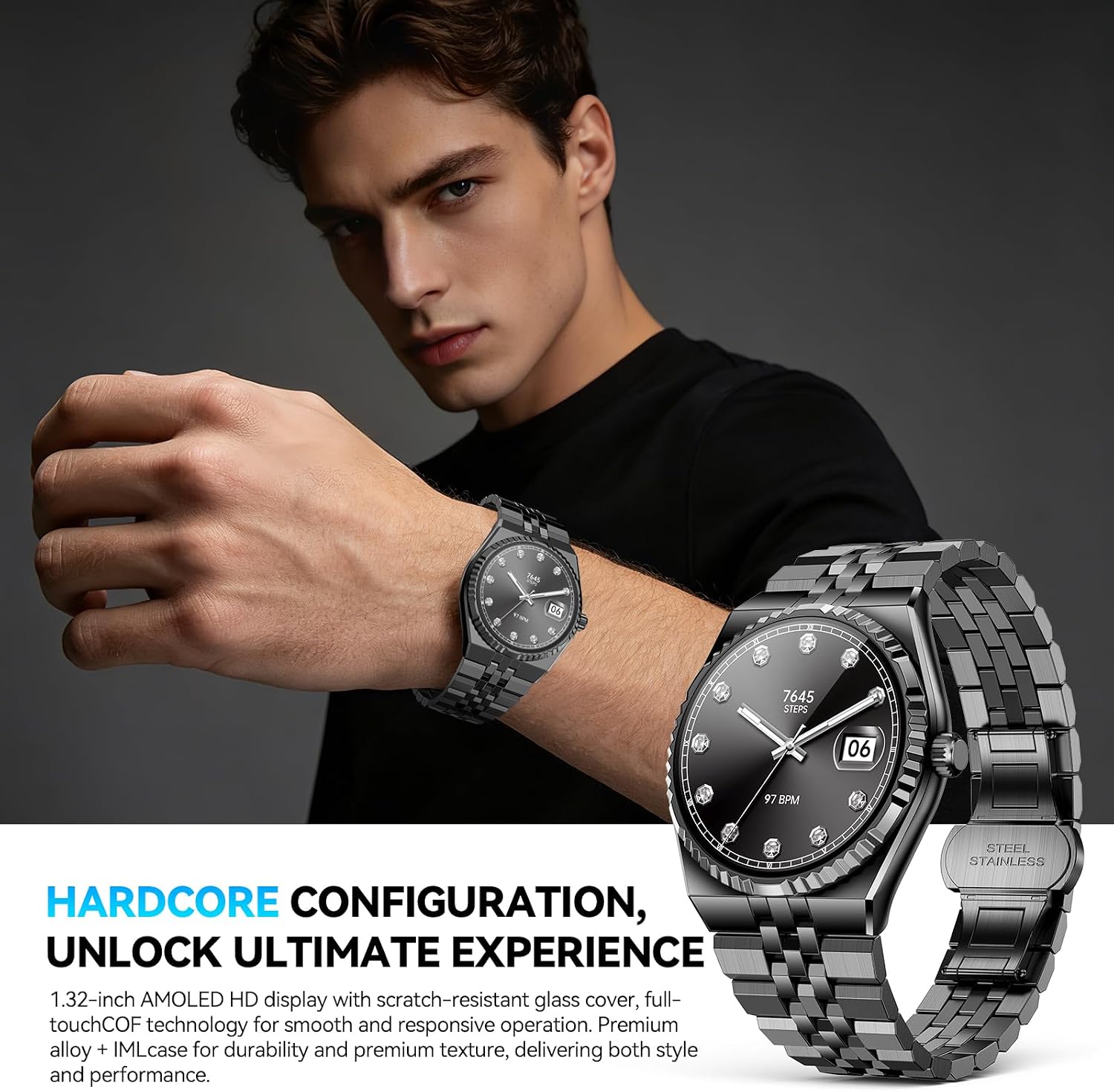 Luxury Smart Watch with Bluetooth Calls, Heart Rate/Blood Pressure/Blood Oxygen/Sleep Monitor, 1.32" AMOLED Display, 160+ Sports Modes, IP68 Waterproof, Compatible with iOS Android for Men Women Black