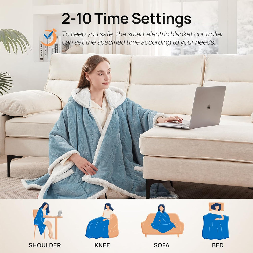Westinghouse Wearable Heated Throw Blanket, Electric Heated Wrap Poncho Shawl with Pockets, 6 Heating Levels & 2-10 Auto Shut-Off, 50 x 60 Inch, Gift for Family, Friends, Machine Washable, Light Blue