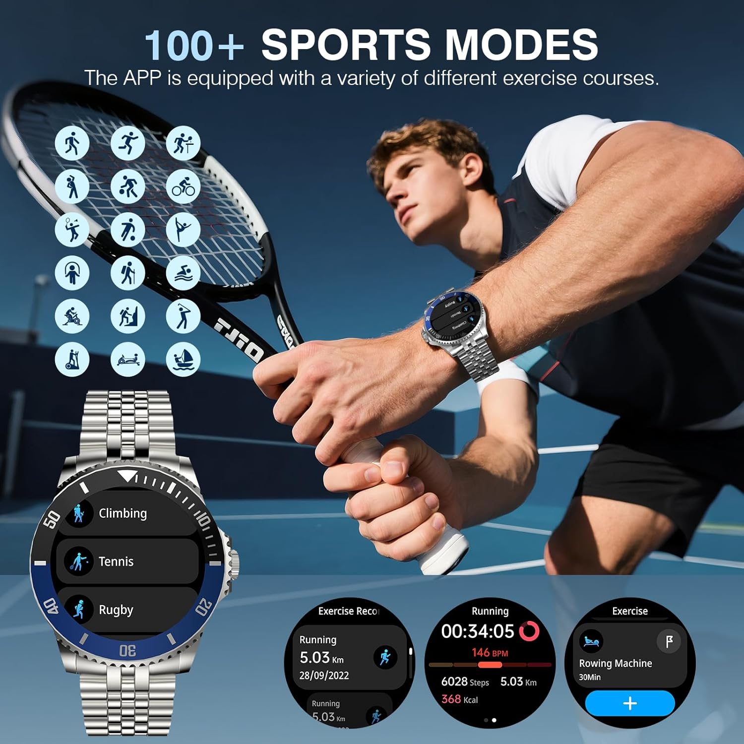 GPT Smart Watch for Men, 24/7 Heart Rate, Blood Pressure, Blood Oxygen, Sleep Monitor, 107 Sports Modes, 1.19-inch AMOLED Display, Waterproof Round Watch, Compatible Android and iOS, 44mm Silver Blue