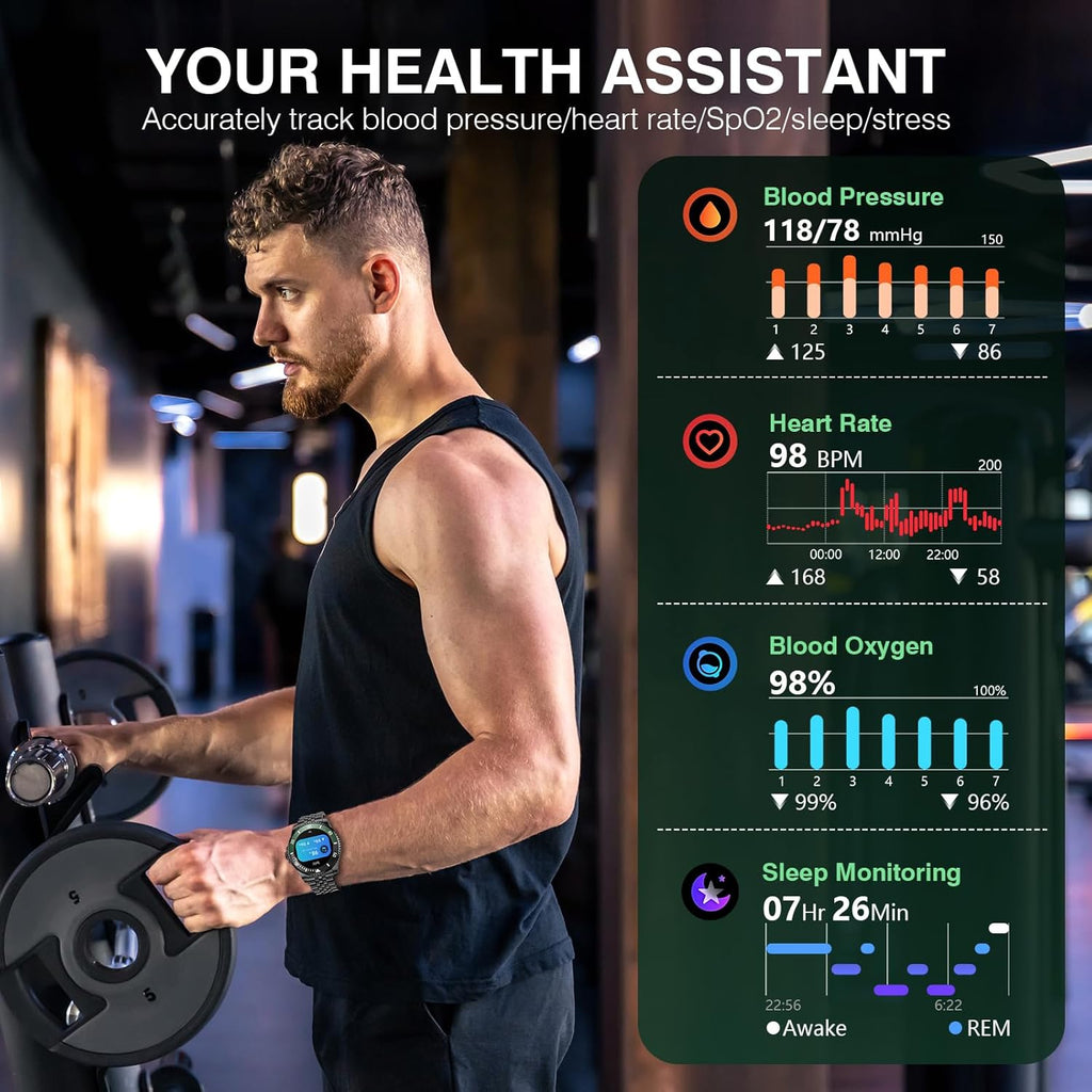 Luxury Smart Watch with Bluetooth Calls, Heart Rate/SpO2/Blood Pressure/Sleep Monitor, 1.19-inch AMOLED Display, 107 Sports Fitness Tracker, Round Business Watch Compatible Android and iOS, 44mm Black