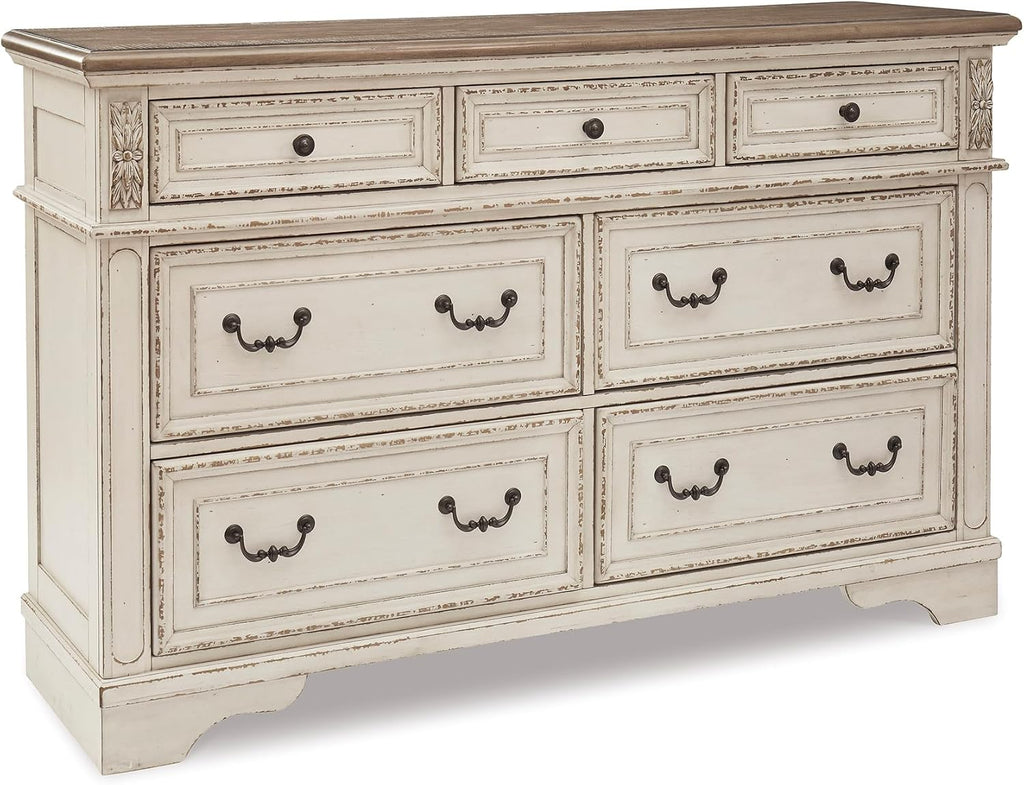 Signature Design by Ashley Realyn French Country 7 Drawer Dresser, Two-Tone Chipped White and Distressed Wood Finish, Smooth-Gliding Bedroom Storage, Ideal for Master Suites, 64" W