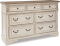 Signature Design by Ashley Realyn French Country 7 Drawer Dresser, Two-Tone Chipped White and Distressed Wood Finish, Smooth-Gliding Bedroom Storage, Ideal for Master Suites, 64" W