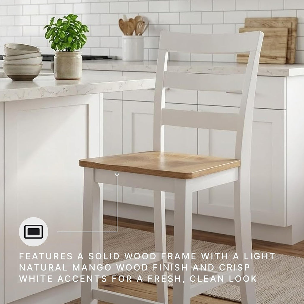 Signature Design by Ashley Gesthaven Counter Height Bar Stool, Set of 2, 24.25" Stools with Ladder Back, Solid Wood Frame, Contoured Mango Wood Veneer Seat, Kitchen Island Dining, Natural and White