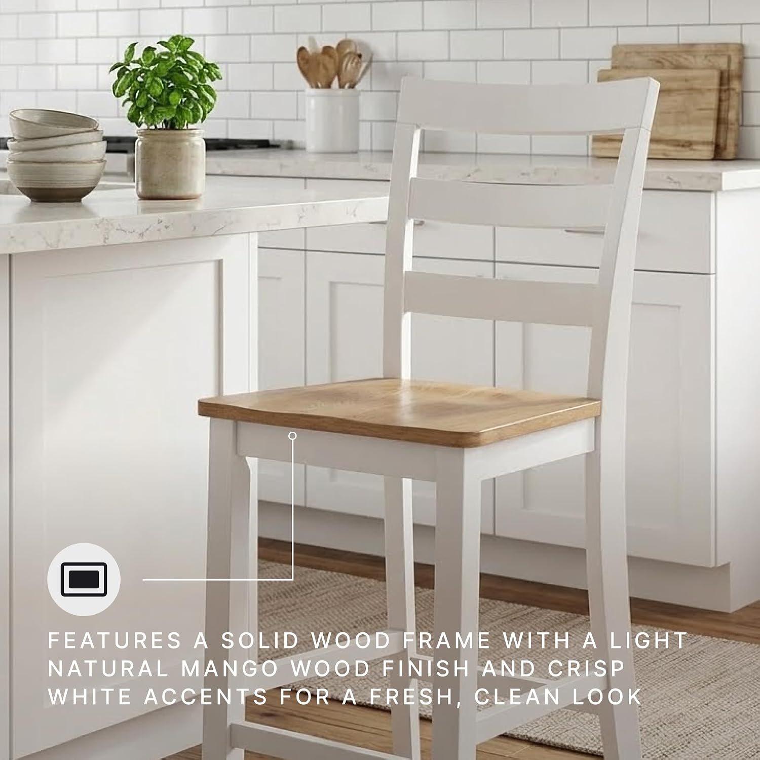 Signature Design by Ashley Gesthaven Counter Height Bar Stool, Set of 2, 24.25" Stools with Ladder Back, Solid Wood Frame, Contoured Mango Wood Veneer Seat, Kitchen Island Dining, Natural and White