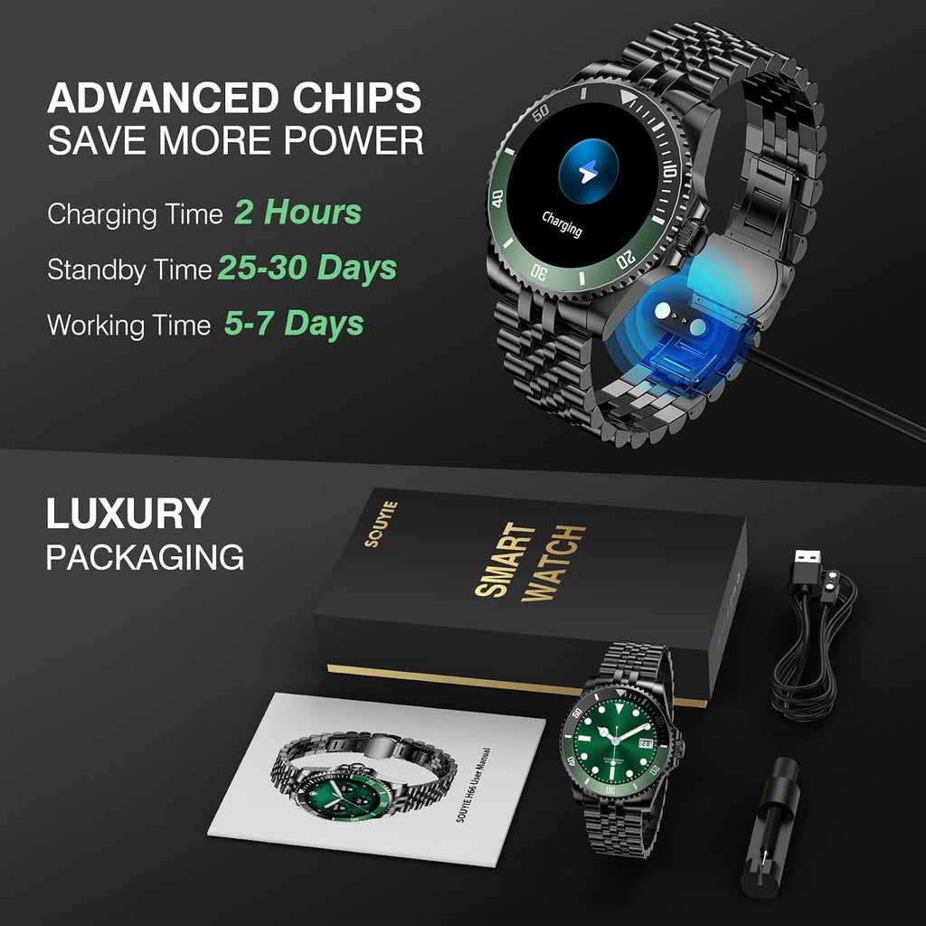 Luxury Smart Watch with Bluetooth Calls, Heart Rate/SpO2/Blood Pressure/Sleep Monitor, 1.19-inch AMOLED Display, 107 Sports Fitness Tracker, Round Business Watch Compatible Android and iOS, 44mm Black