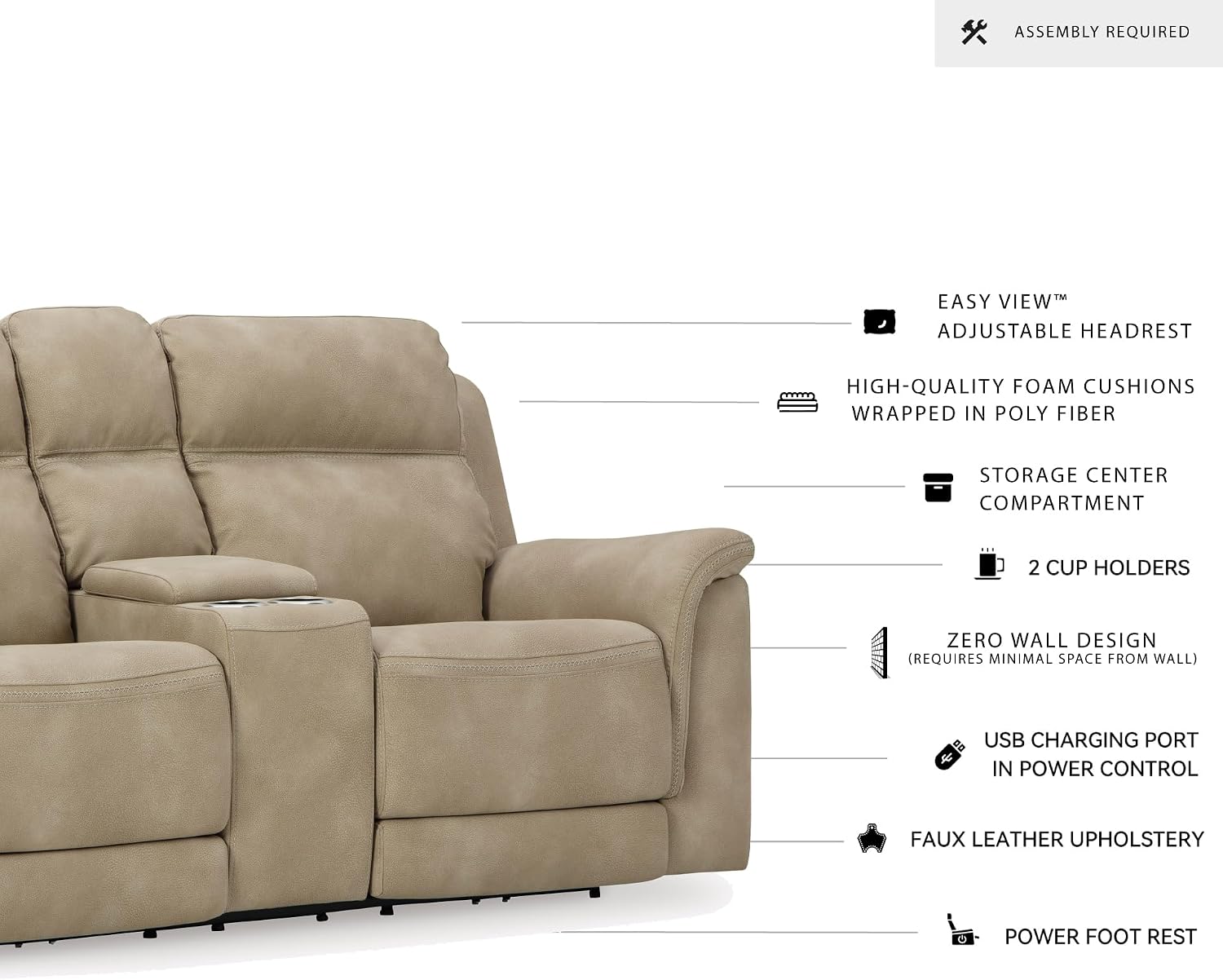 Signature Design by Ashley Power Reclining Loveseat with Console, Next-Gen Durapella, Zero Gravity Mechanism, Easy to Clean Water Resistant Performance Fabric, Sand