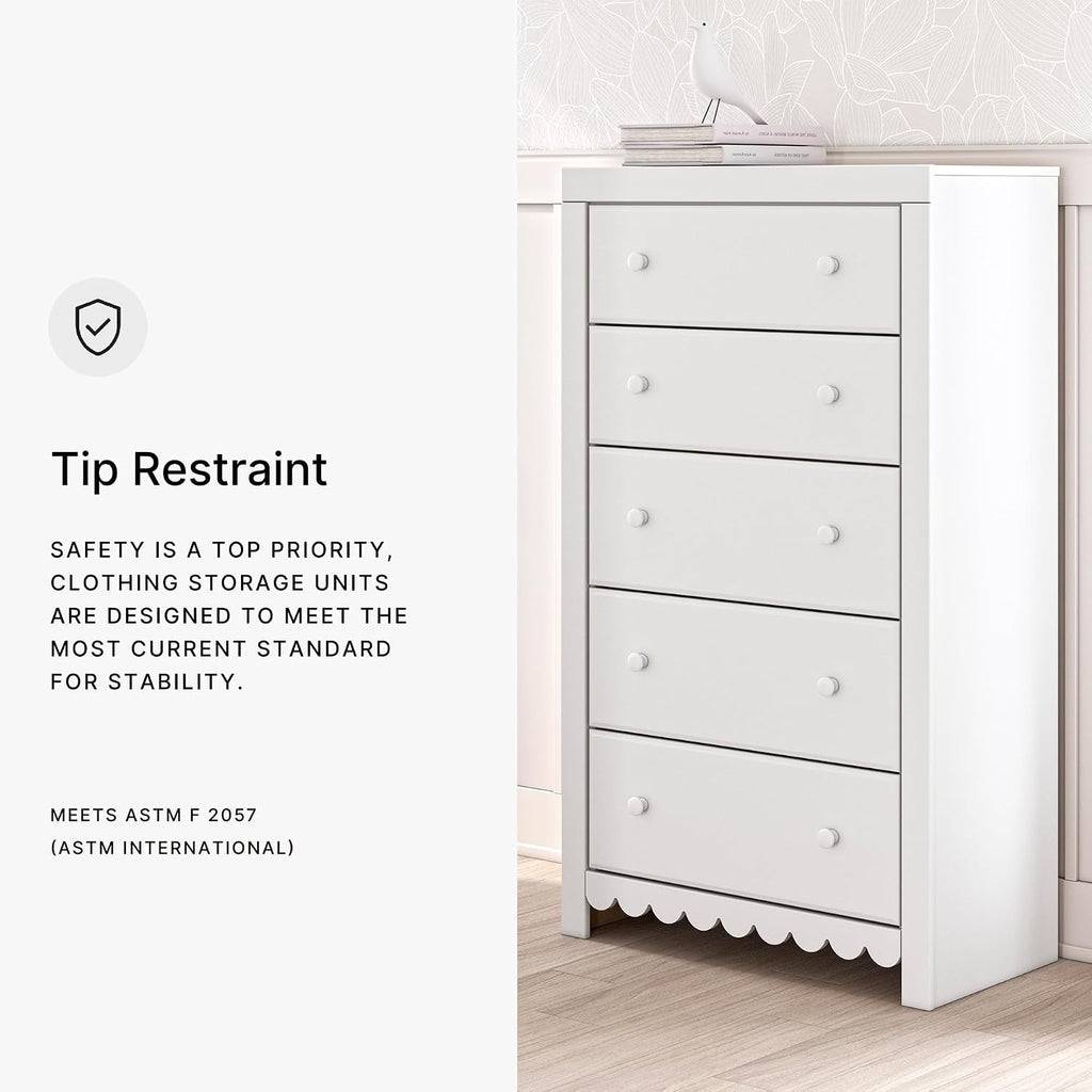 Signature Design by Ashley Mollviney White Coastal Dresser, Tall 5 Drawer Chest, Scalloped Girls Dresser, Engineered Wood and Laminate Bedroom Storage, Matte White, 32" W x 55" H