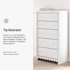 Signature Design by Ashley Mollviney White Coastal Dresser, Tall 5 Drawer Chest, Scalloped Girls Dresser, Engineered Wood and Laminate Bedroom Storage, Matte White, 32" W x 55" H