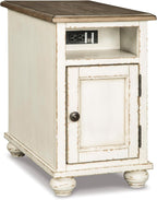 Signature Design by Ashley Realyn Narrow End Table with Charging Station, Chairside End Table, Wood, Engineered Wood and Veneers, Living Room Furniture, Antiqued White and Brown, 14" W