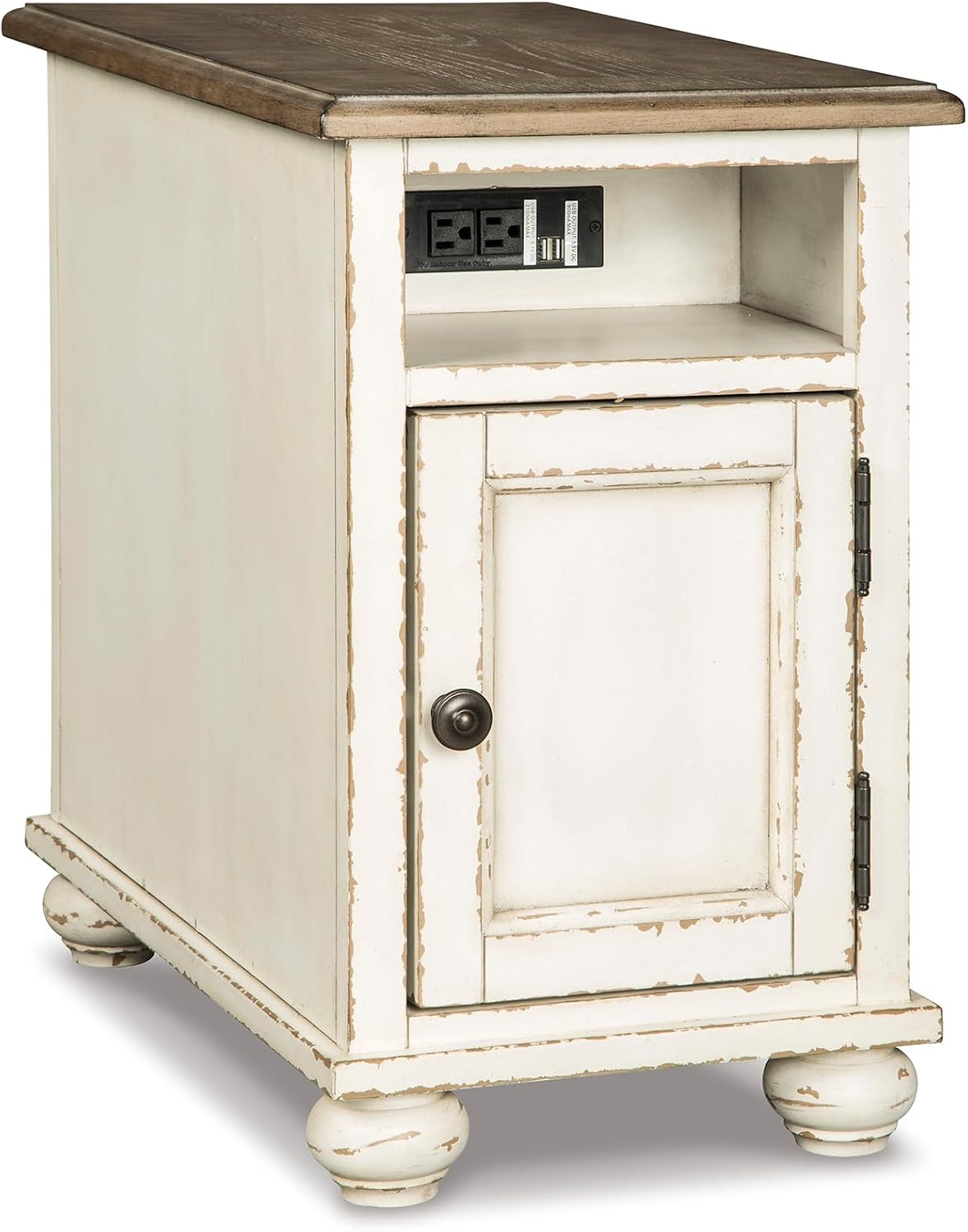 Signature Design by Ashley Realyn Narrow End Table with Charging Station, Chairside End Table, Wood, Engineered Wood and Veneers, Living Room Furniture, Antiqued White and Brown, 14" W