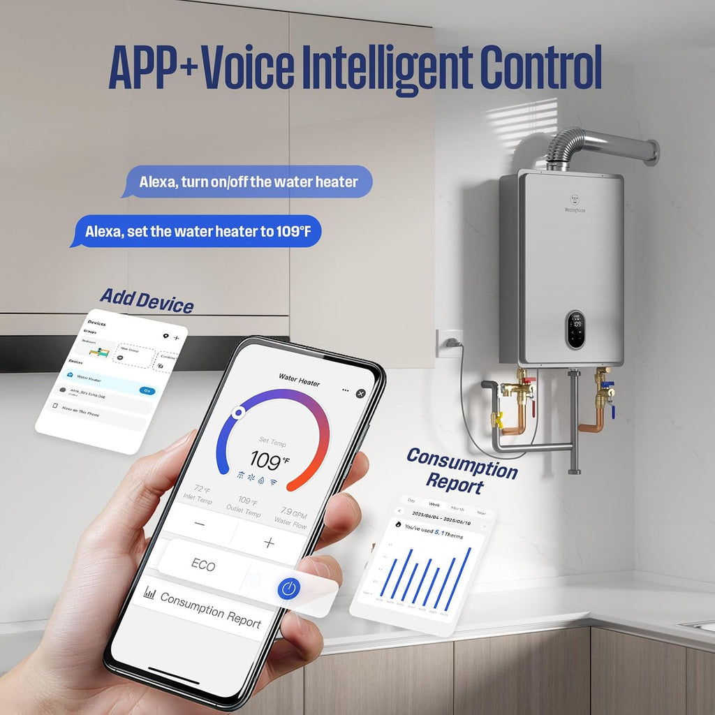 Westinghouse Smart Tankless Water Heater Gas Indoor, 7.9 GPM 180,000 BTU Whole Home Natural Gas Heater, WiFi App Control, ±1°F Temperature Stability, Non-Condensing for 3-5 Fixtures