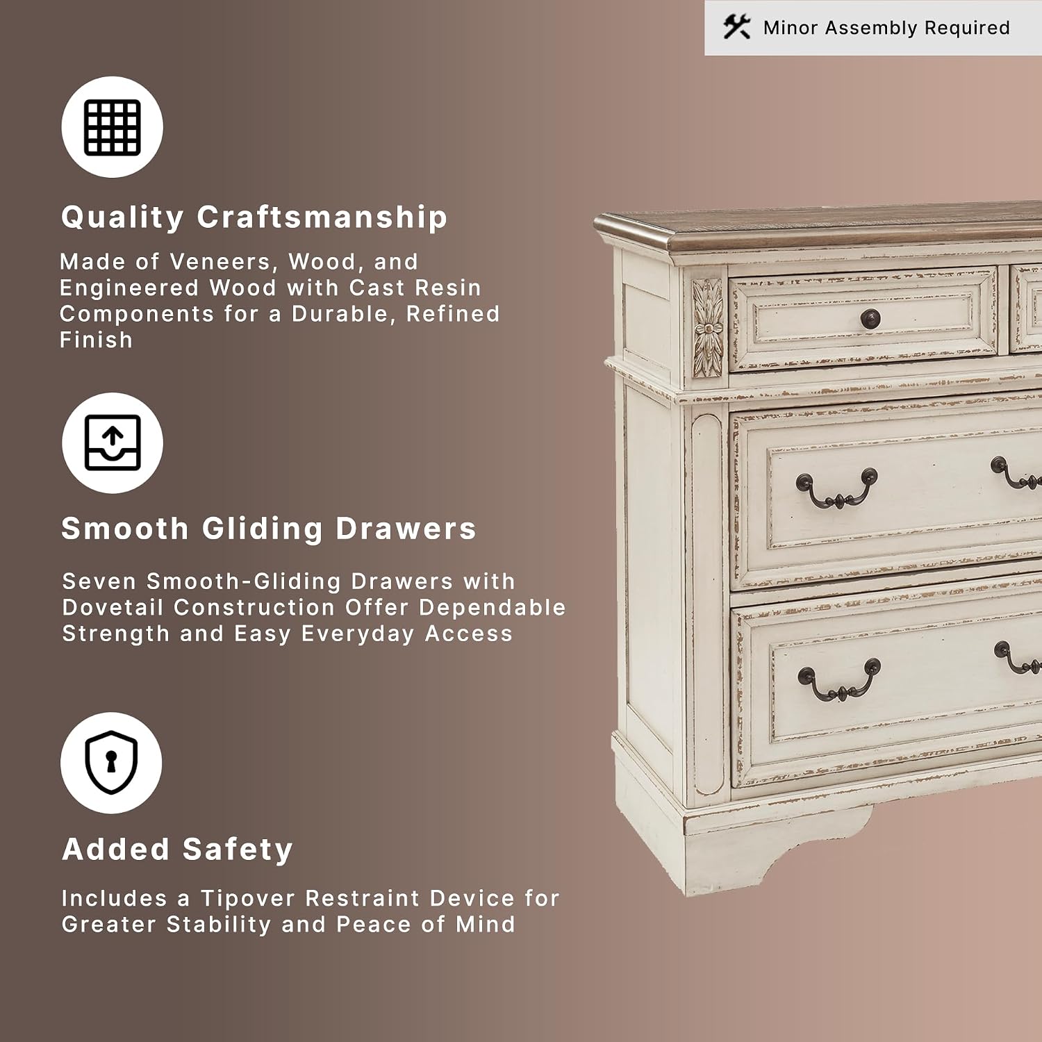 Signature Design by Ashley Realyn French Country 7 Drawer Dresser, Two-Tone Chipped White and Distressed Wood Finish, Smooth-Gliding Bedroom Storage, Ideal for Master Suites, 64" W
