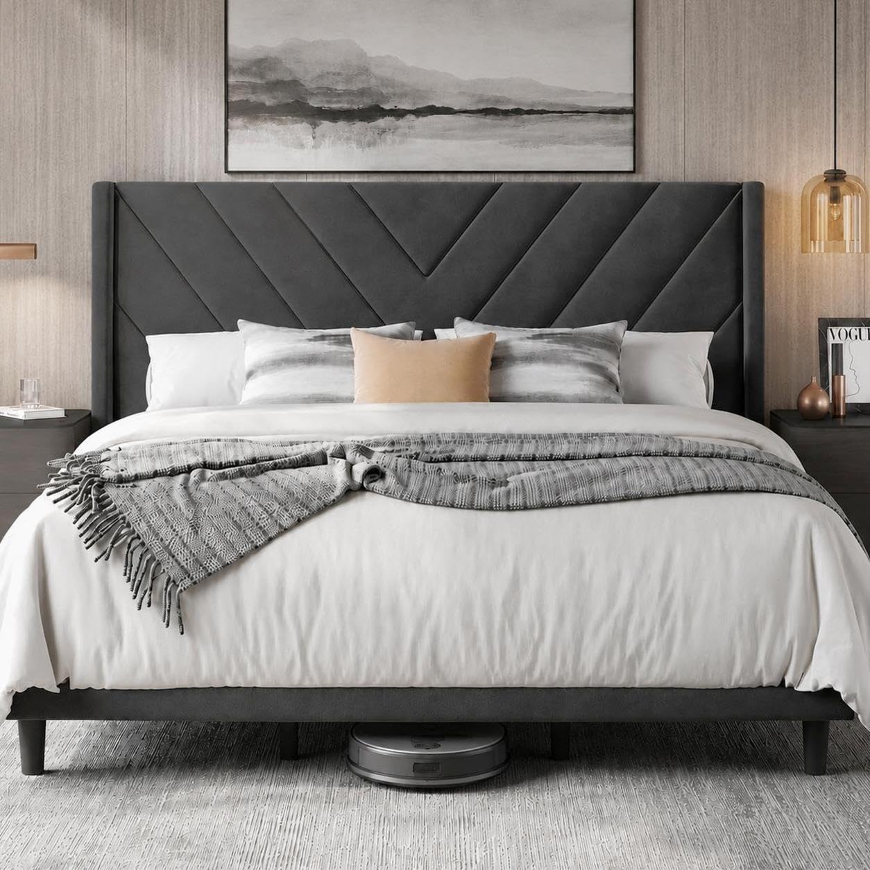 Yaheetech Queen Bed Frame Upholstered Platform Bed/Wooden Slat Support/Tufted Headboard with Wing Side/Mattress Foundation/No Box Spring Needed,Beige Queen