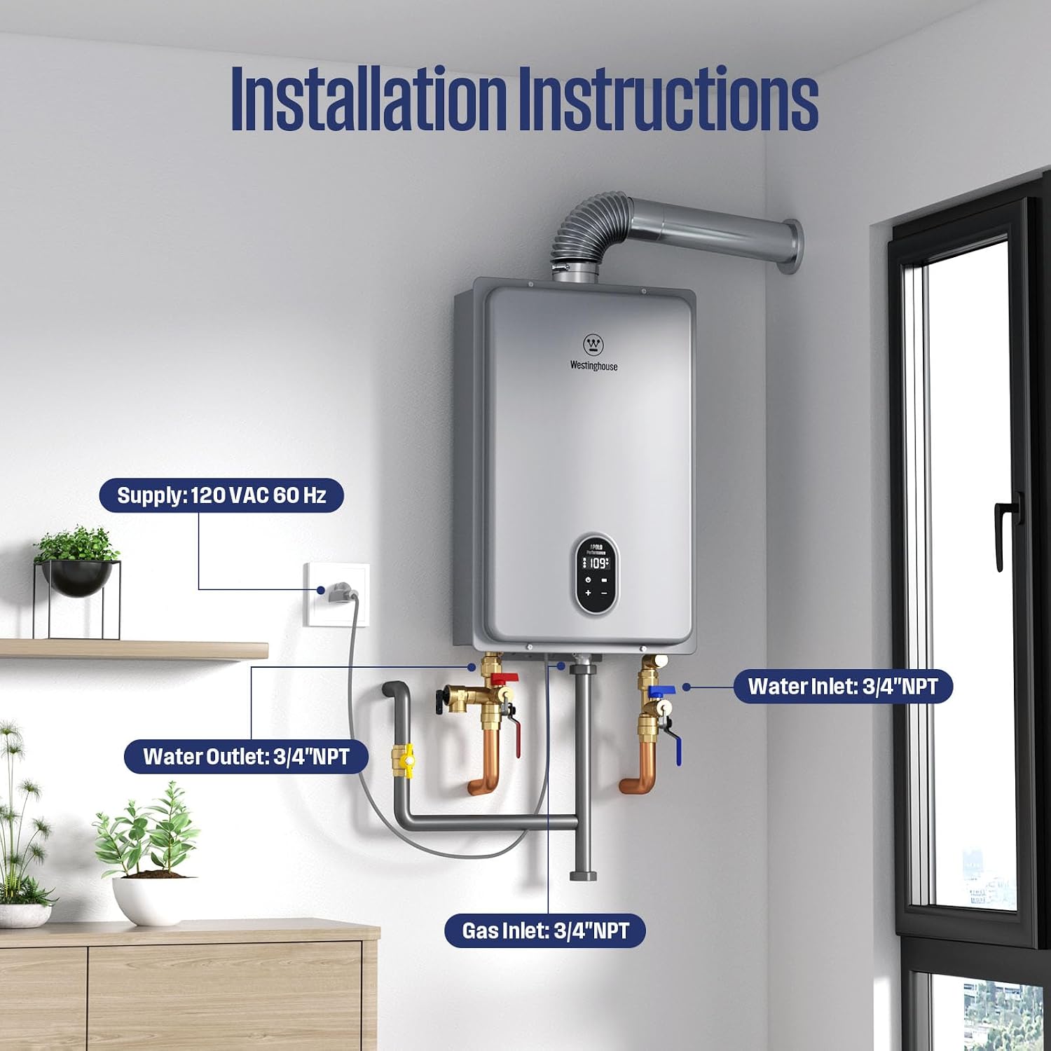 Westinghouse Tankless Water Heater Gas, 5.1 GPM 120,000 BTU Indoor Natural Gas Heater Whole House, Smart WiFi&App Control, CSA Certified, ±1°F Temperature Stability, Non-Condensing for 2-4 Fixtures