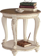 Signature Design by Ashley Realyn Round End Table, Cottage-Style Side Table with Antiqued Two-Tone Finish, Wood & Veneer Construction for Living Room or Bedroom, White/Brown