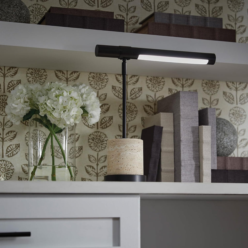 Signature Design by Ashley Vinmour Desk Lamp with USB-C Port, Adjustable Height Metal Task Light, Beige Travertine Stone Base, Contemporary Lighting for Home Office Workspaces, Brown/Beige