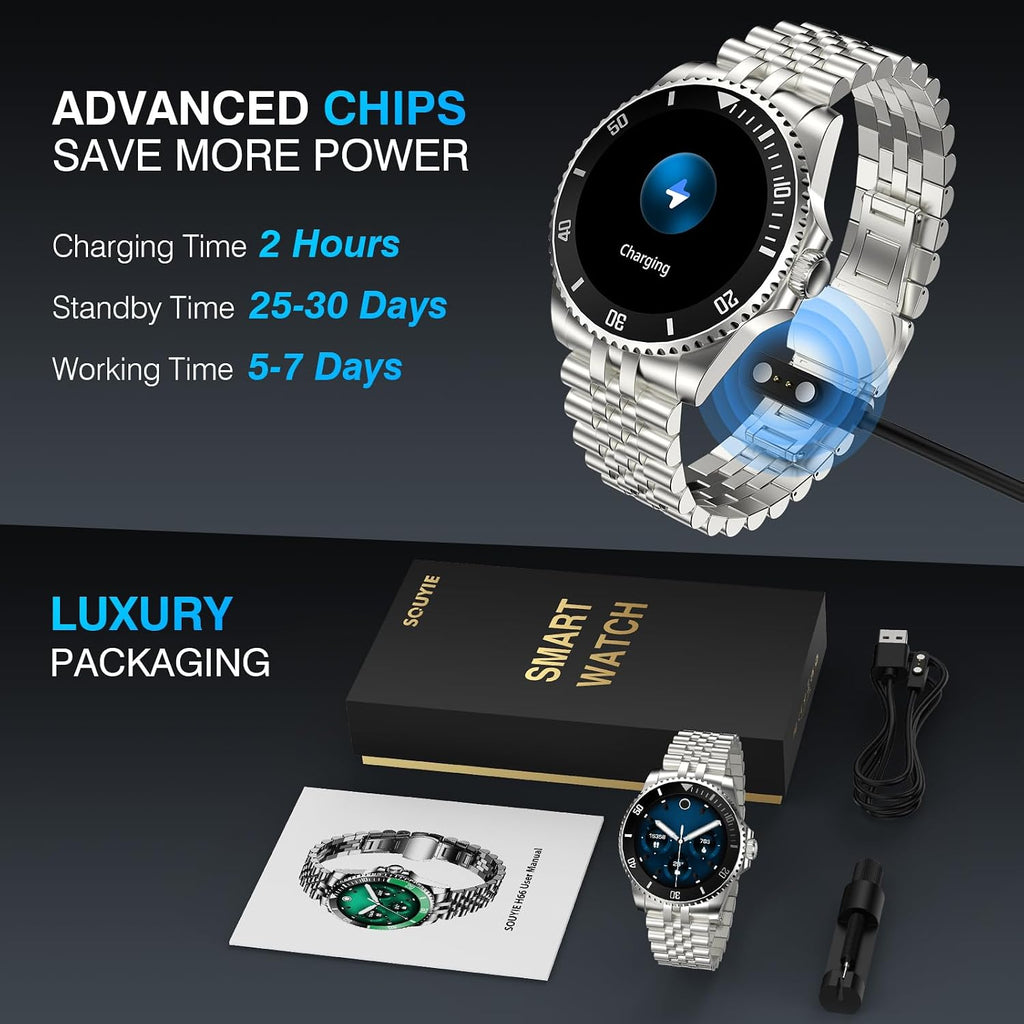 SOUYIE GPT AI Luxury Smart Watch, 24/7 Heart Rate, Blood Oxygen, Blood Pressure, Sleep Monitor, Waterproof Smartwatch, 1.19-inch AMOLED 44mm, 107 Sports Modes, Compatible Android and iOS Silver Black