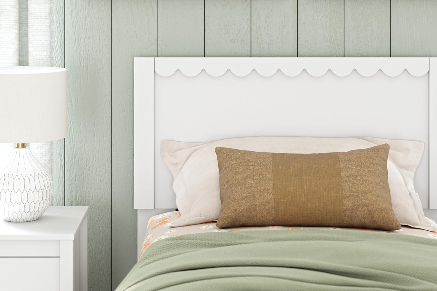 Signature Design by Ashley Hallityn Twin Panel Platform Bed, Casual Scalloped Bed Frame, Engineered Wood, for Kids and Youth Bedrooms, Matte White