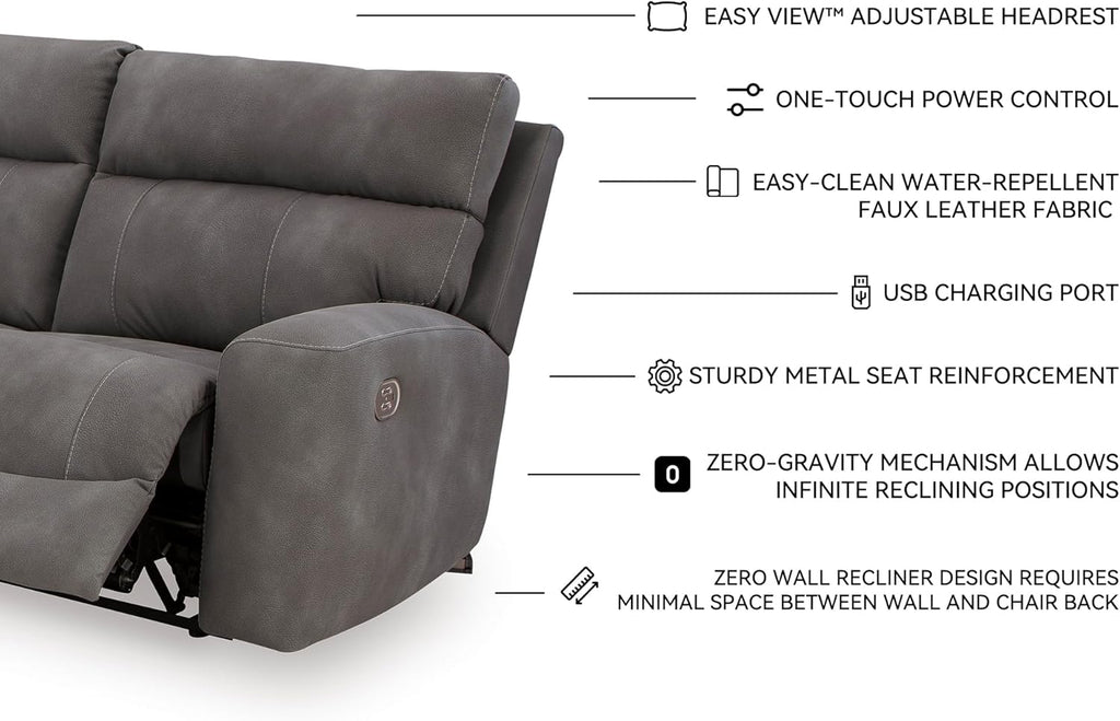 Signature Design by Ashley Contemporary Next-Gen DuraPella L-Shape Symmetrical Faux Leather 5-Piece Power Reclining Sectional with Adjustable Headrest and USB Charging Ports, Gray