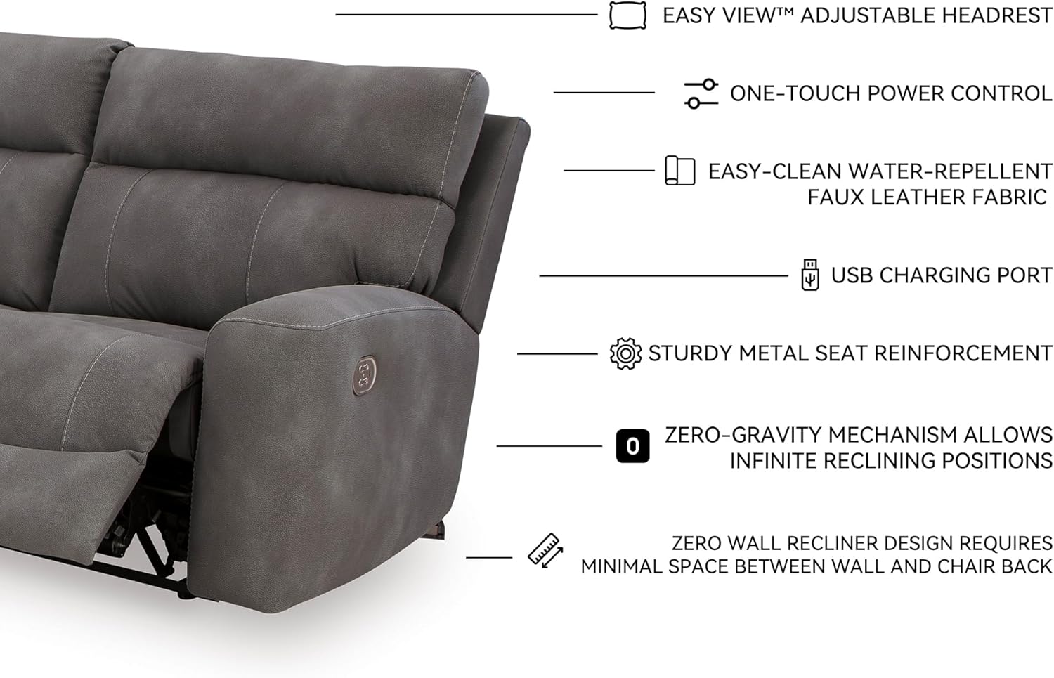 Signature Design by Ashley Contemporary Next-Gen DuraPella L-Shape Symmetrical Faux Leather 5-Piece Power Reclining Sectional with Adjustable Headrest and USB Charging Ports, Gray