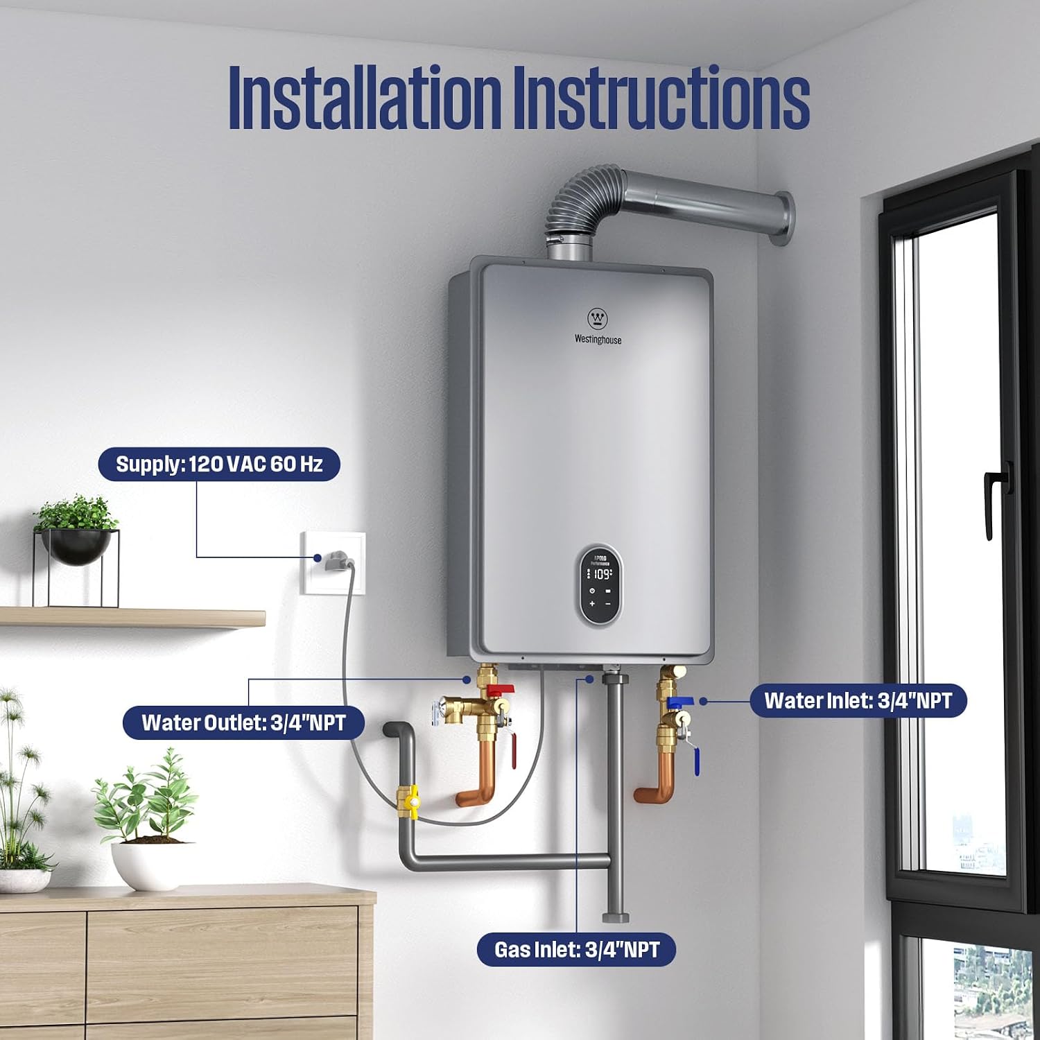 Westinghouse Smart Tankless Water Heater Gas Indoor, 7.9 GPM 180,000 BTU Whole Home Natural Gas Heater, WiFi App Control, ±1°F Temperature Stability, Non-Condensing for 3-5 Fixtures