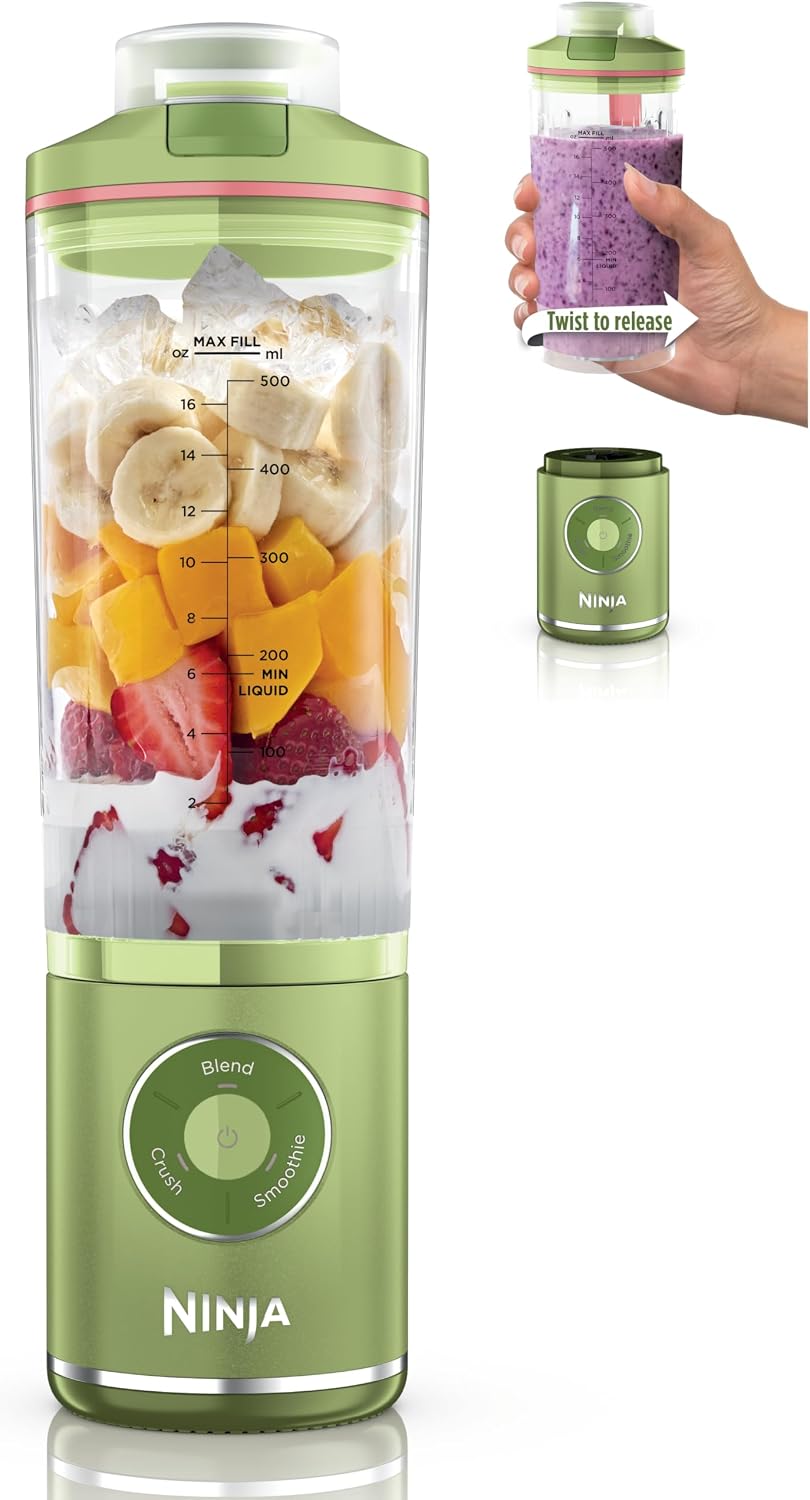 Ninja Blast Max, Portable Blender + Twist & Go, Personal Smoothie, Blend, Ice Crush, 3 Programs, Cordless, 22oz removable Vessel, Dishwasher Safe, Leakproof, Moss Green, BC251GN1