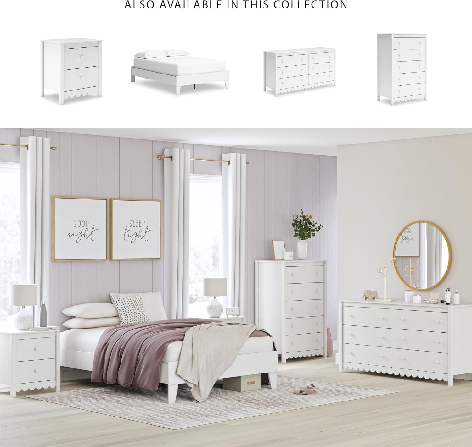 Signature Design by Ashley White Nightstand with 2 Drawers, Hallityn Scalloped Design, Engineered Wood Construction, Storage for Cottage Bedrooms, White, 22" W