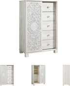 Signature Design by Ashley Paxberry Boho 5 Drawer Dressing Chest with Slider Door & 3 Adjustable Shelves, Whitewash