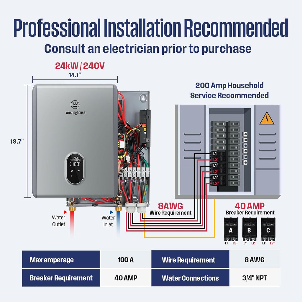 Westinghouse 24kW Electric Tankless Whole House Water Heater, 5.6 GPM Instant Hot Water on Demand, 240V, WIFI & Self Modulating High Efficiency, Copper Heating, LED Display, ETL Certified